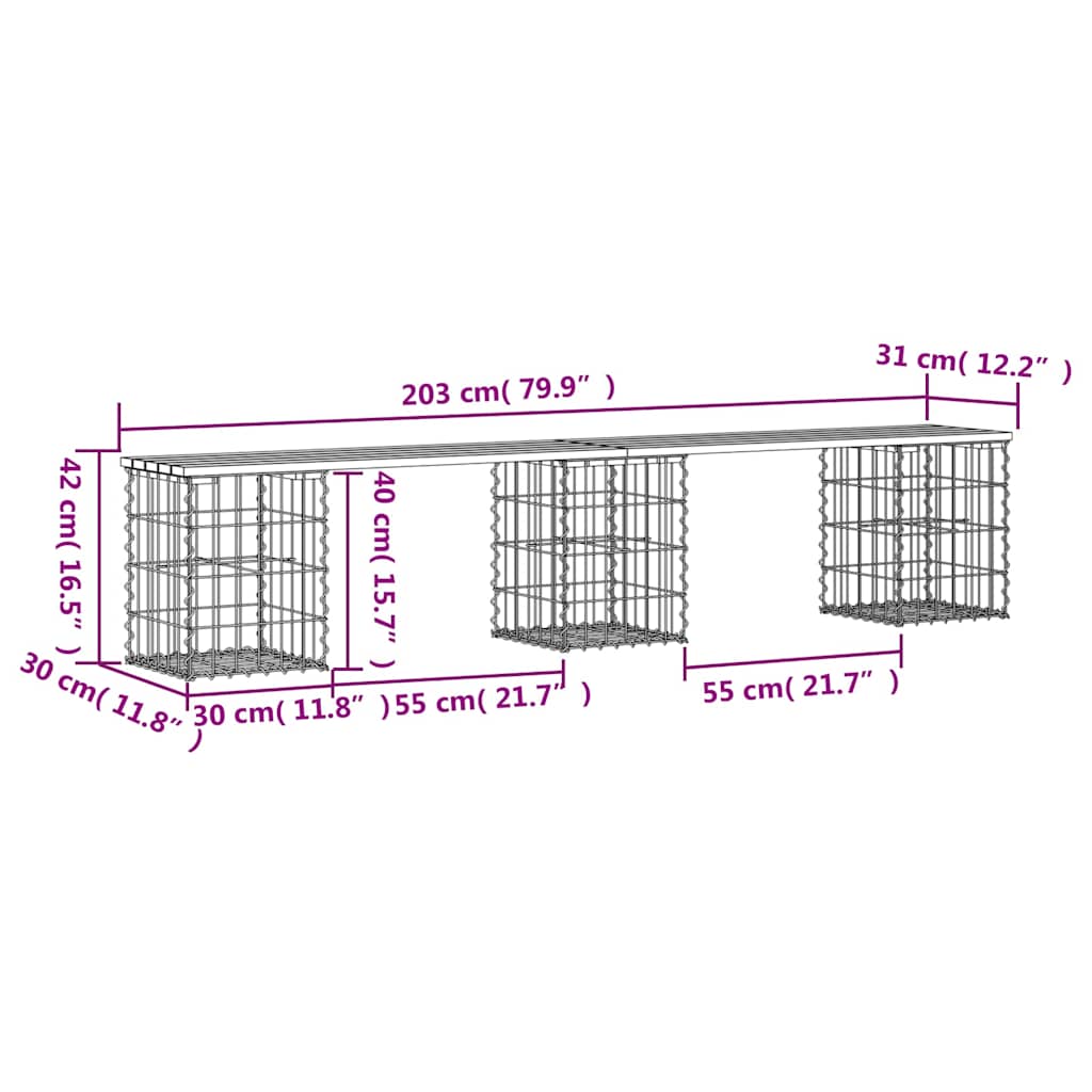 vidaXL Garden Bench Gabion Design 203x31x42 cm Impregnated Wood Pine - Brown