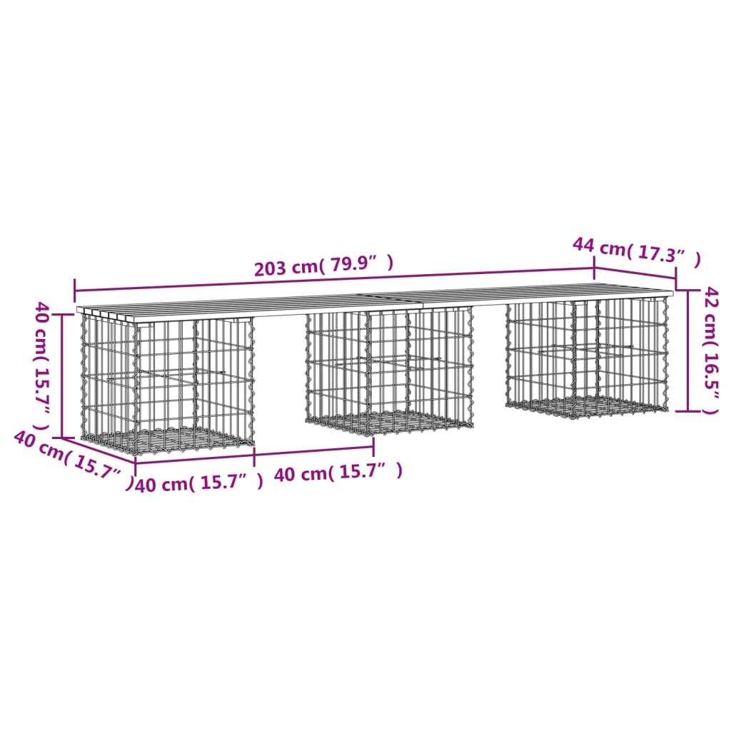 vidaXL Garden Bench Gabion Design 203x44x42 cm Solid Wood Pine - Brown