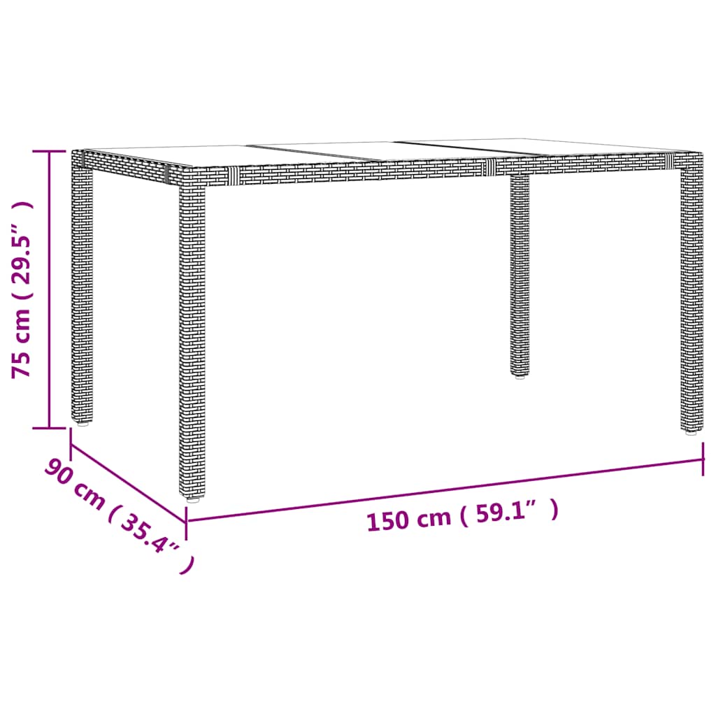 vidaXL Garden Table with Glass Top Beige Poly Rattan&Tempered Glass - 150 x 90 x 75 cm