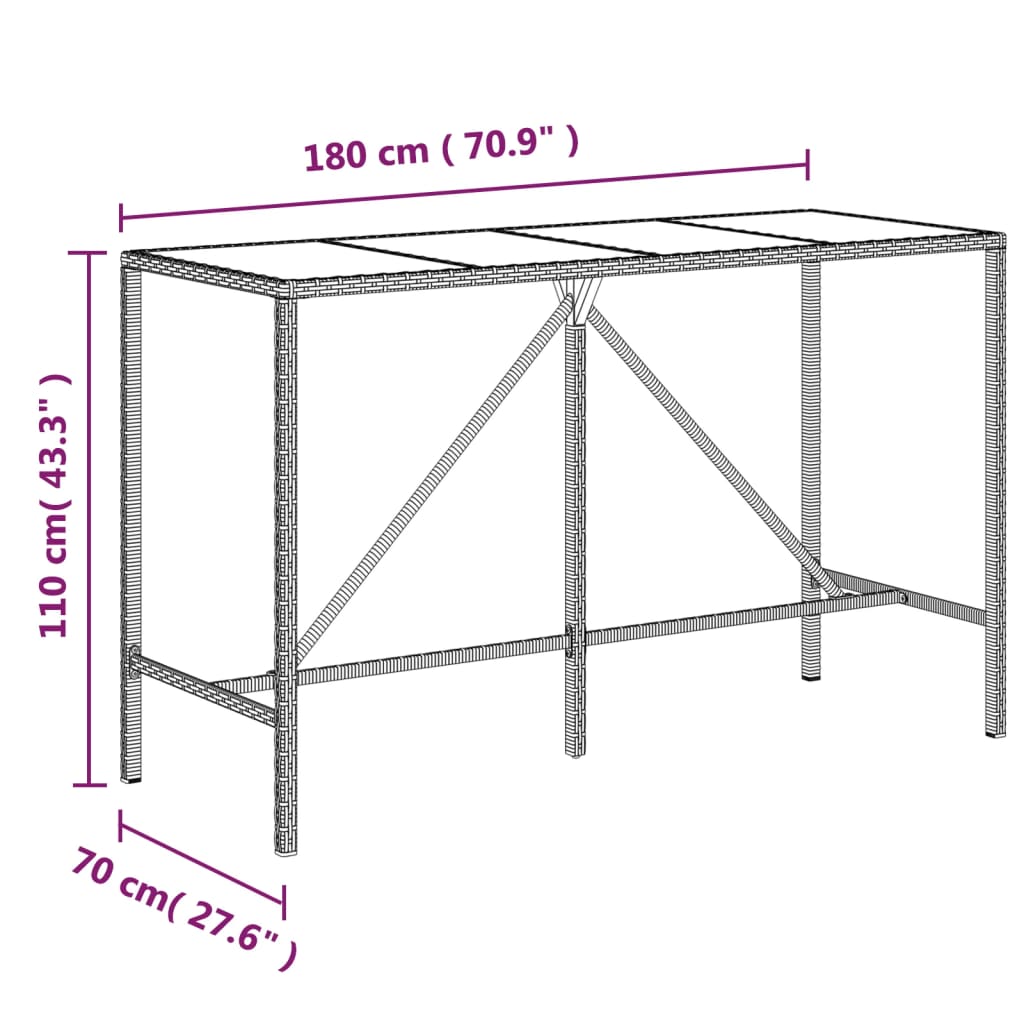 vidaXL Bar Table with Glass Top Grey 180x70x110 cm Poly Rattan