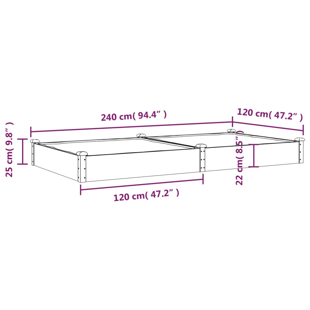 vidaXL Garden Raised Bed with Liner 240x120x25 cm Solid Wood Fir - Brown