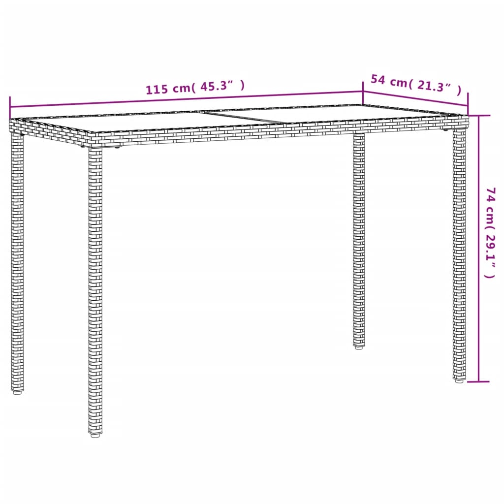 vidaXL Garden Table with Glass Top Grey 115x54x74 cm Poly Rattan
