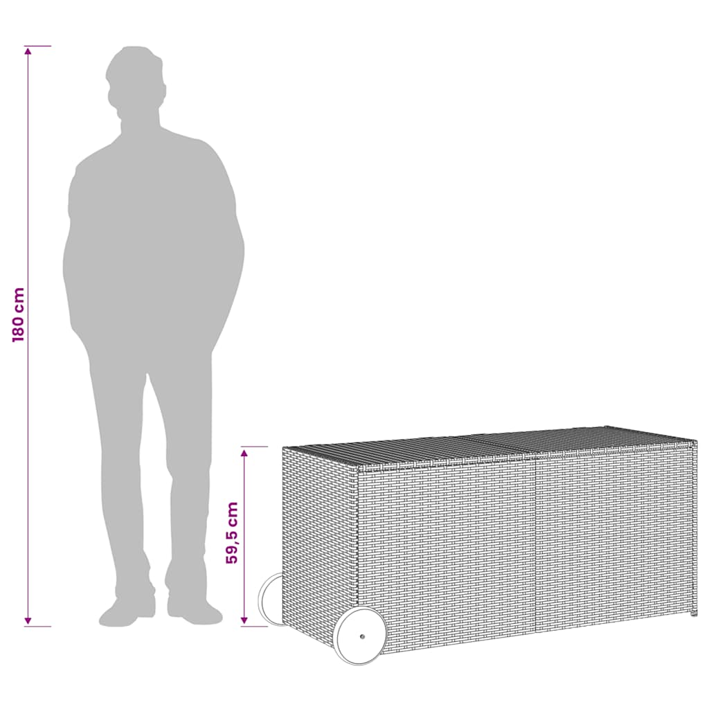 vidaXL Garden Storage Box with Wheels Grey 283L Poly Rattan - 127 x 55 x 56/59.5 cm