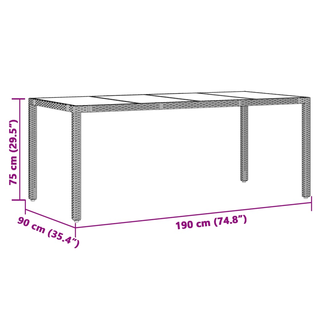 vidaXL Garden Table with Glass Top Brown 190x90x75 cm Poly Rattan - 25558
