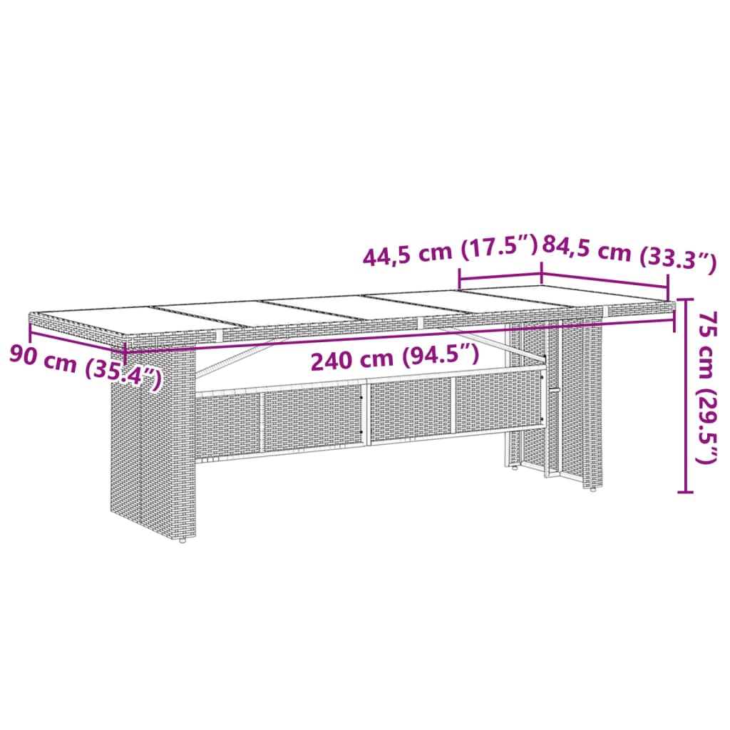 vidaXL Garden Table with Glass Top Brown 240x90x75 cm Poly Rattan