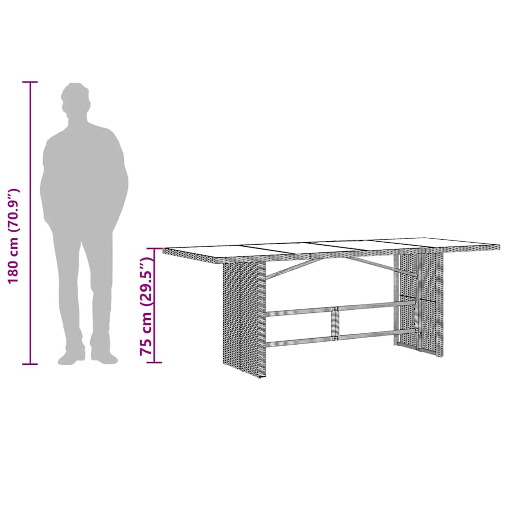 vidaXL Garden Table with Glass Top Brown 190x80x75 cm Poly Rattan