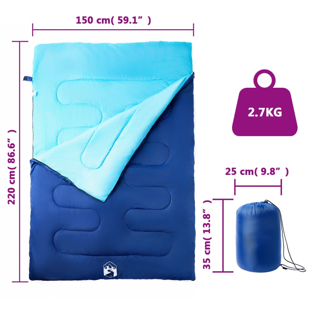 vidaXL Double Sleeping Bag with Pillows for Adults Camping 3-4 Seasons - Blue - 220 x 150 cm