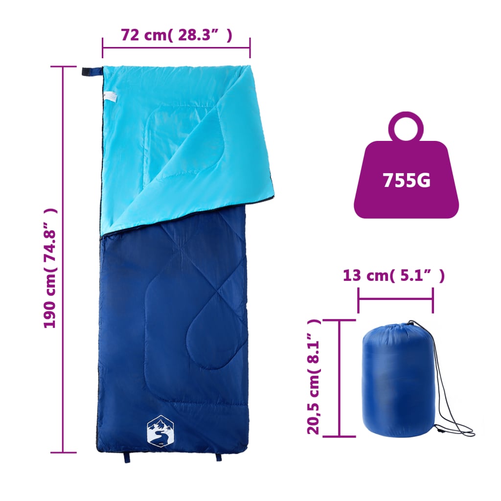vidaXL Sleeping Bag for Adults Camping 3 Seasons - Blue - 190 x 72 cm