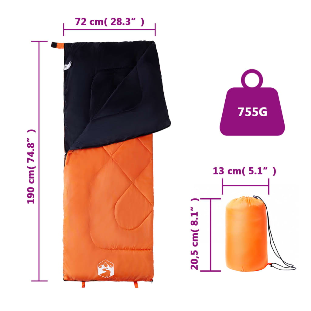 vidaXL Sleeping Bag for Adults Camping 3 Seasons - Orange - 190 x 72 cm