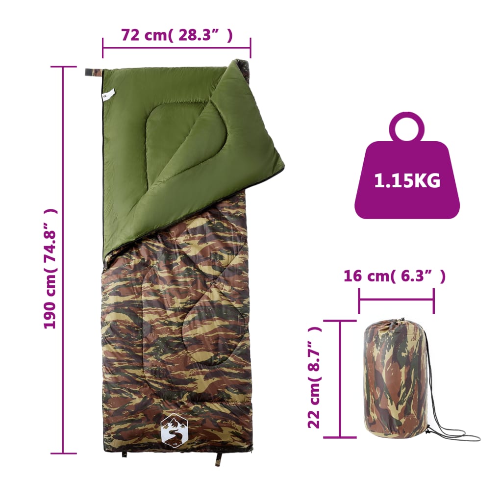 vidaXL Sleeping Bag for Adults Camping 3 Seasons - Gre - 190 x 72 cm - 64168