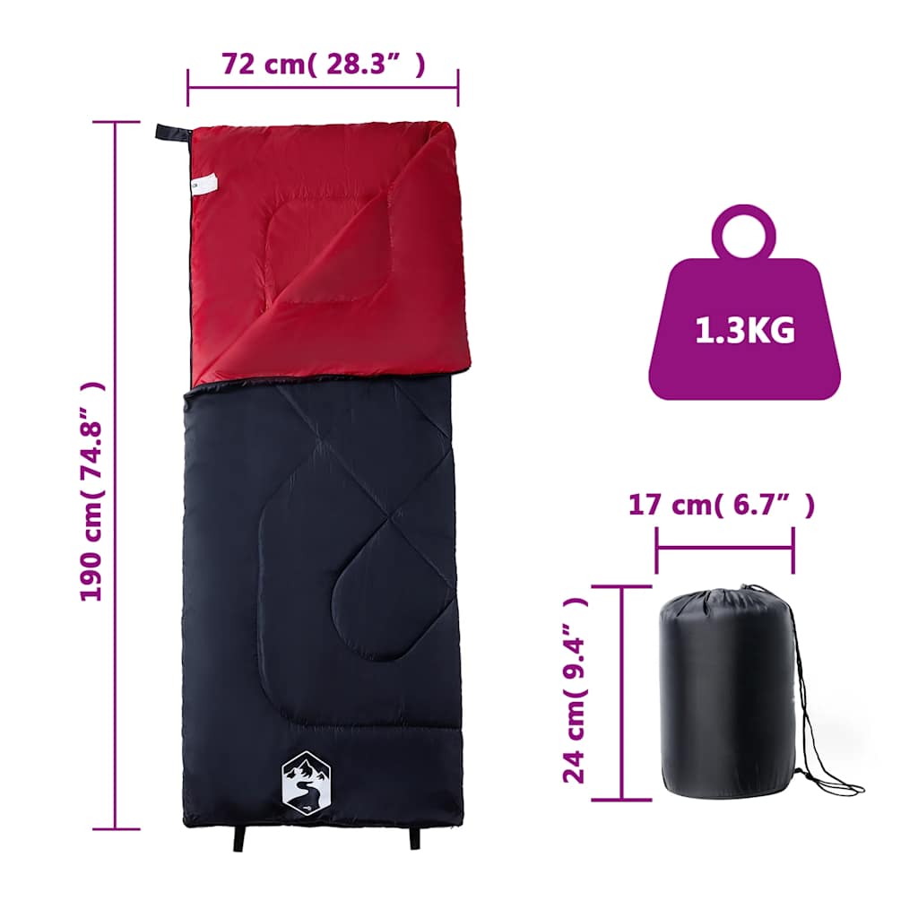 vidaXL Sleeping Bag for Adults Camping 3 Seasons - Red - 190 x 72 cm - 64175