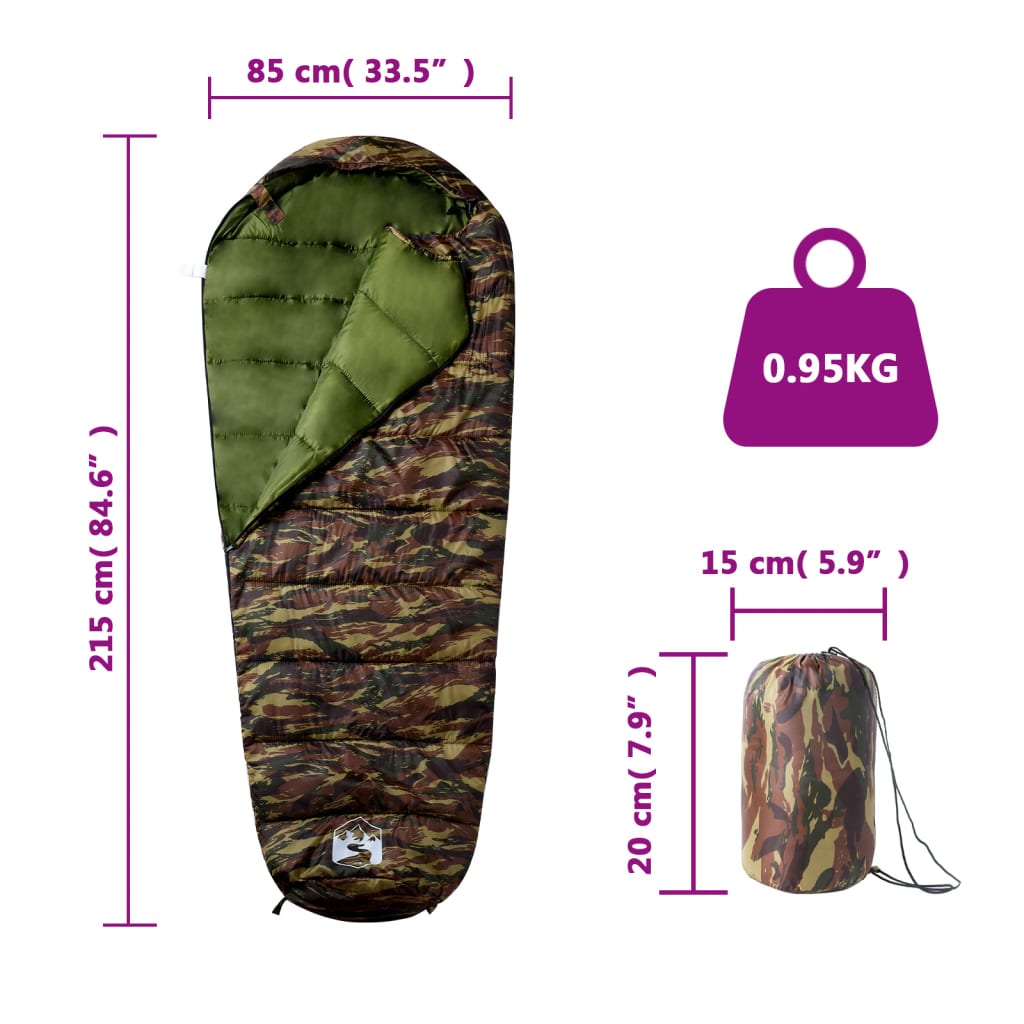 vidaXL Mummy Sleeping Bag for Adults Camping 3 Seasons - Gre - 215 x 85 cm