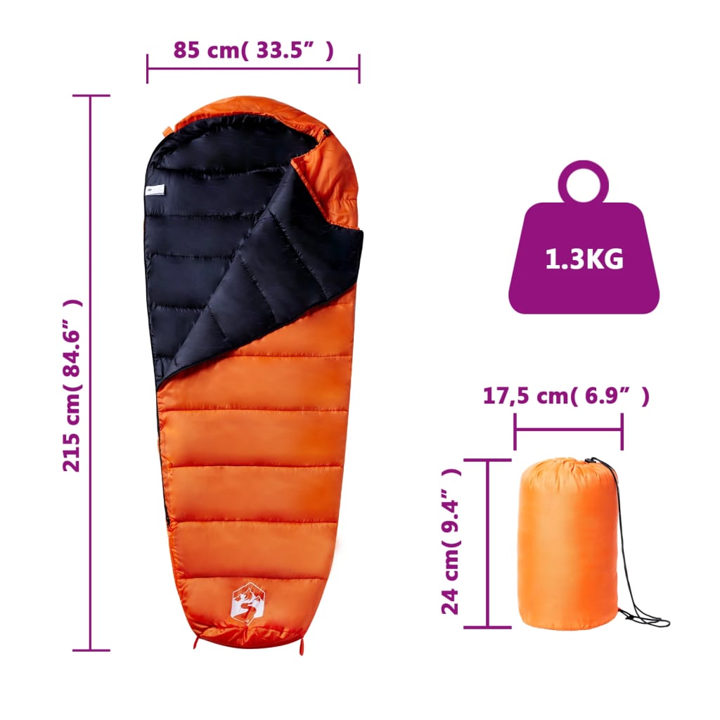 vidaXL Mummy Sleeping Bag for Adults Camping 3 Seasons - Orange - 215 x 85 cm - 64243