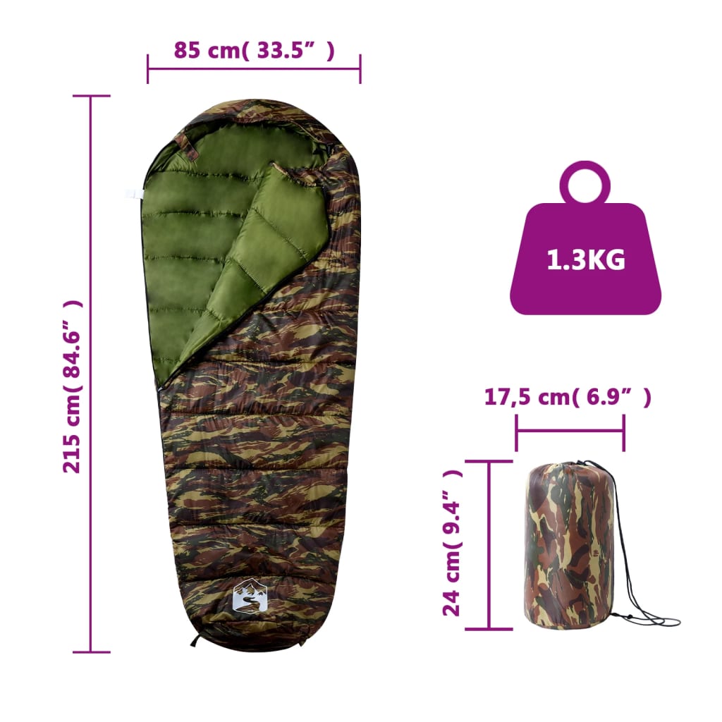 vidaXL Mummy Sleeping Bag for Adults Camping 3 Seasons - Gre - 215 x 85 cm - 64254