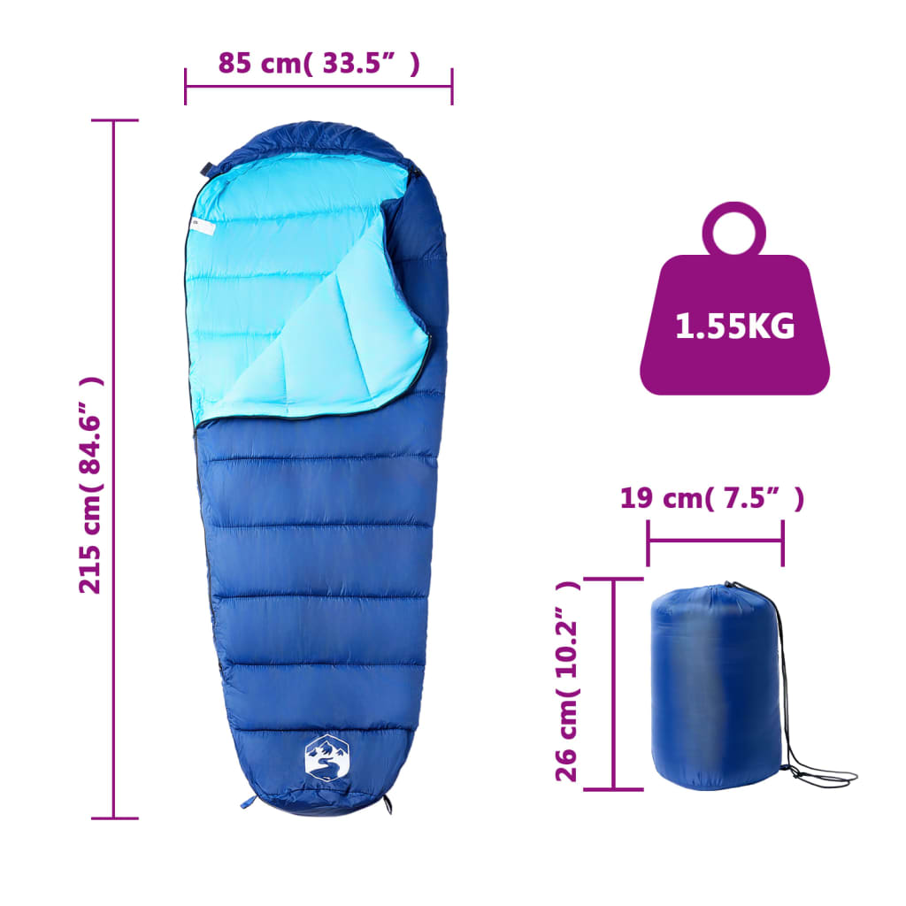 vidaXL Mummy Sleeping Bag for Adults Camping 3 Seasons - Blue - 215 x 85 cm - 64268