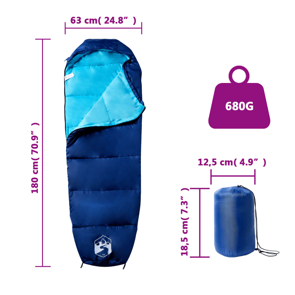 vidaXL Mummy Sleeping Bag for Adults Camping 3 Seasons - Blue - 180 x 63 cm