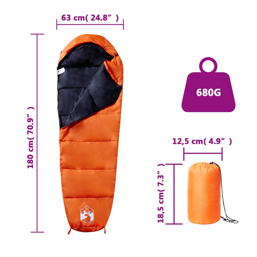 vidaXL Mummy Sleeping Bag for Adults Camping 3 Seasons - Orange - 180 x 63 cm