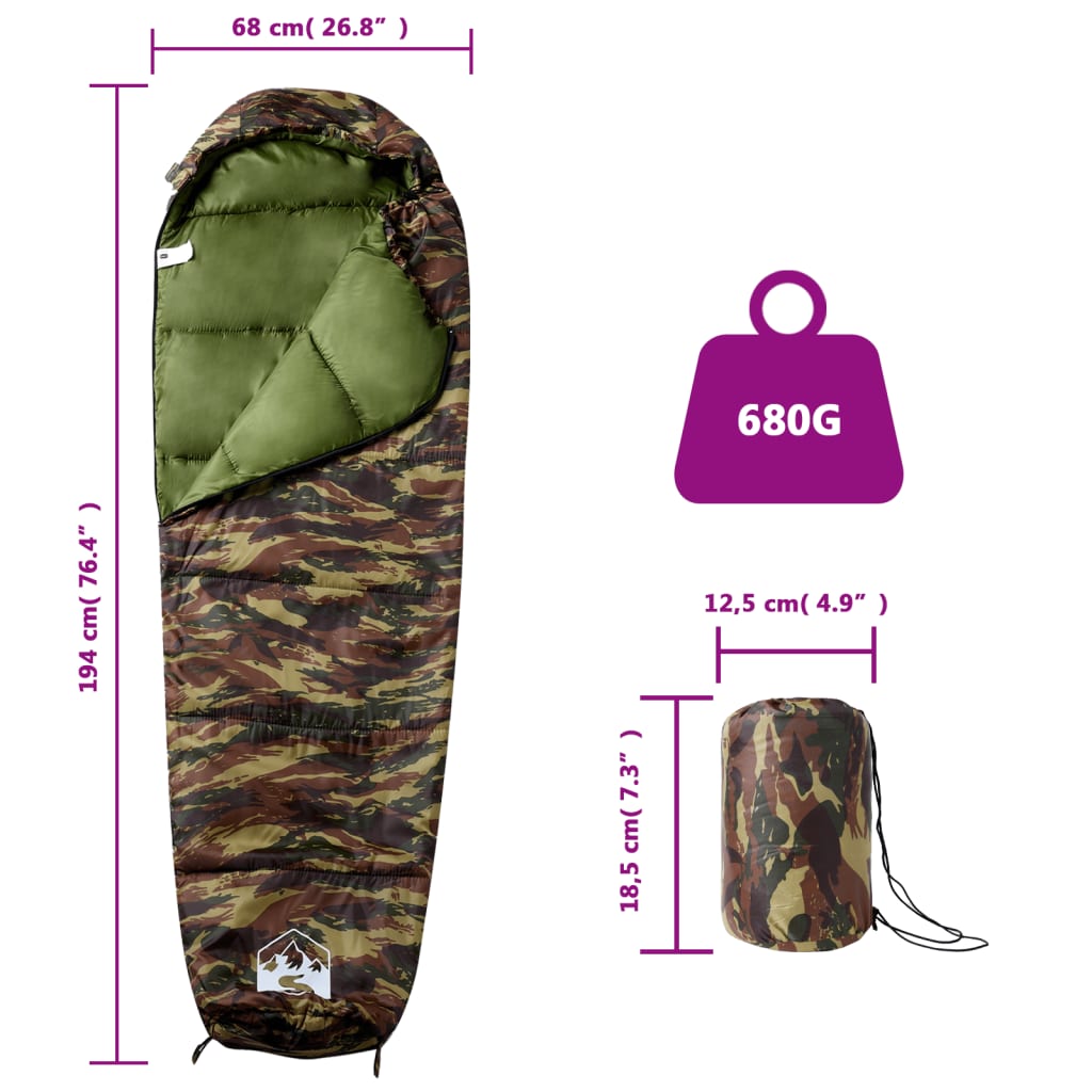 vidaXL Mummy Sleeping Bag for Adults Camping 3 Seasons - Gre - 194 x 68 cm