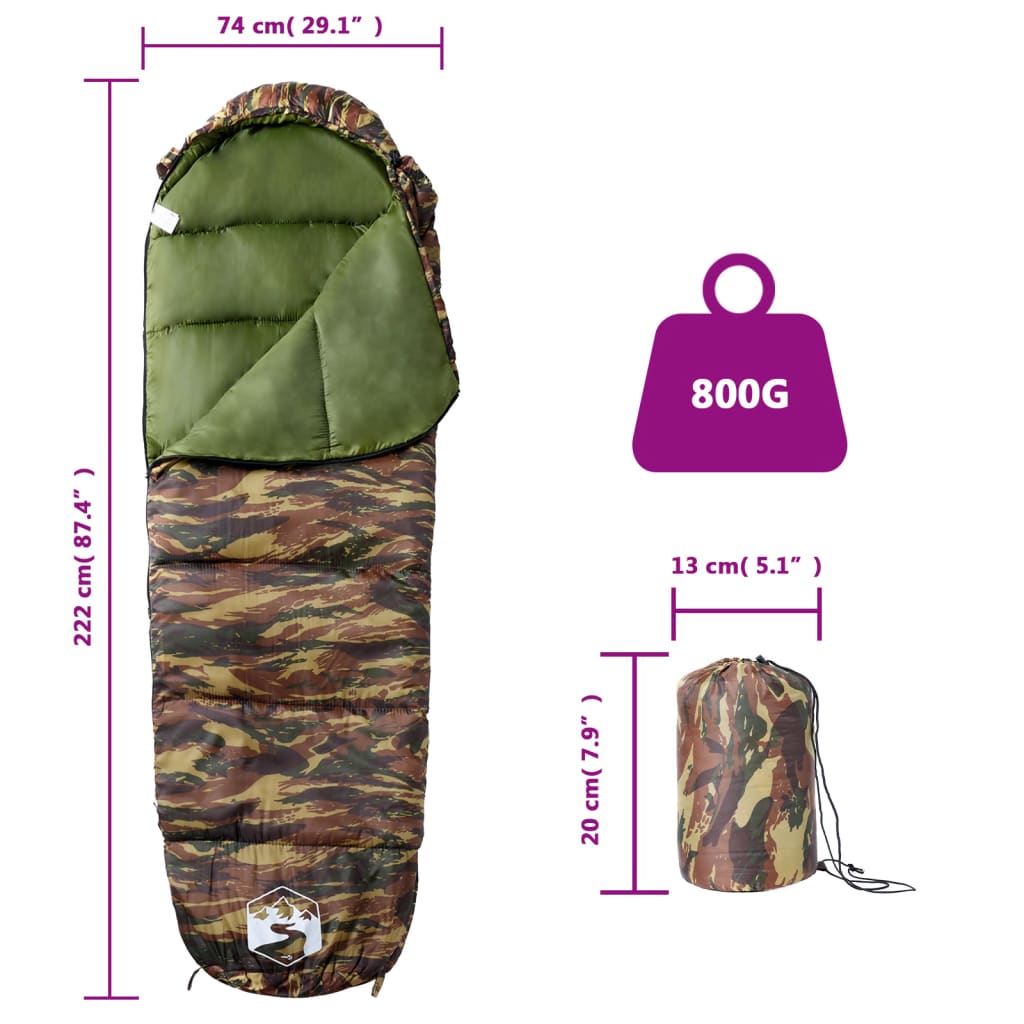 vidaXL Mummy Sleeping Bag for Adults Camping 3 Seasons - Gre - 222 x 74 cm
