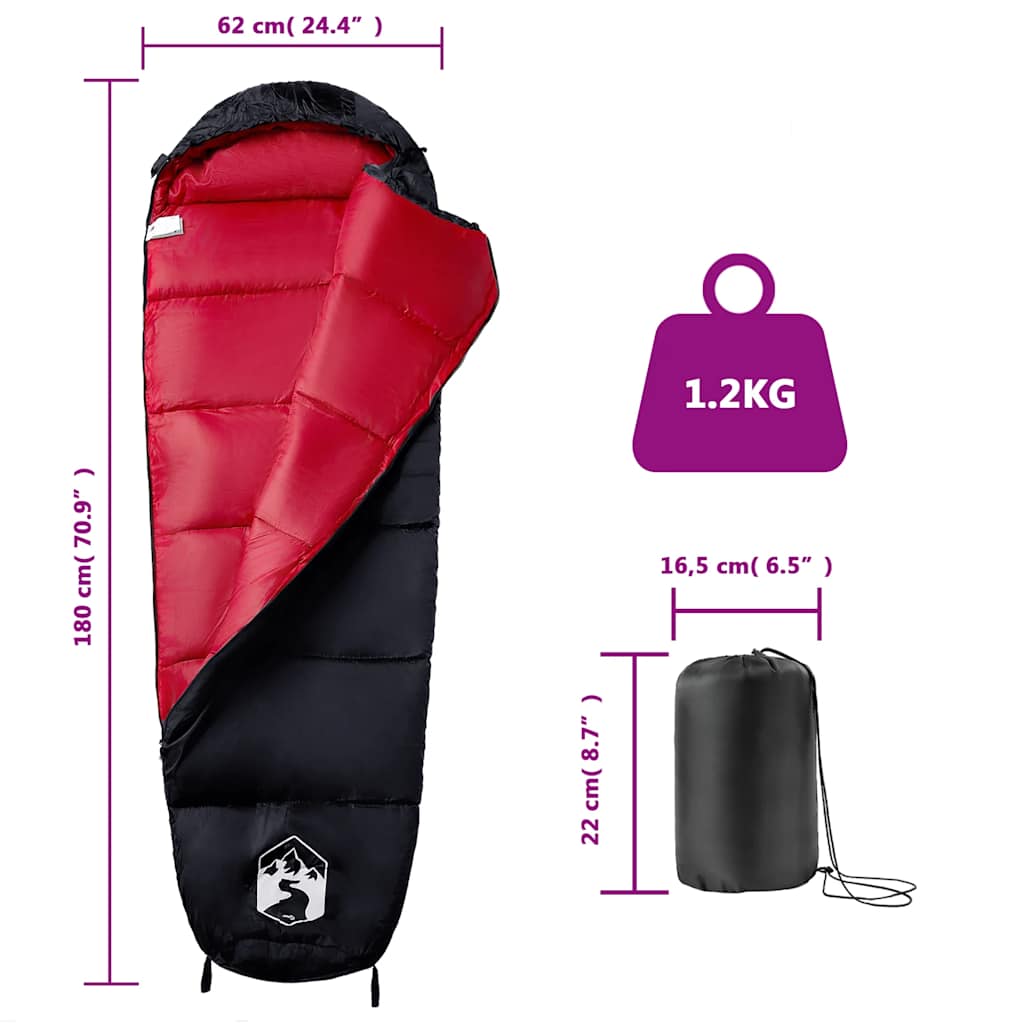 vidaXL Mummy Sleeping Bag for Adults Camping 3 Seasons - Red - 180 x 62 cm - 64476