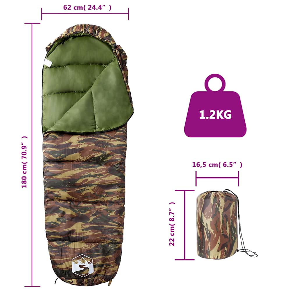 vidaXL Mummy Sleeping Bag for Adults Camping 3 Seasons - Gre - 180 x 62 cm - 64491