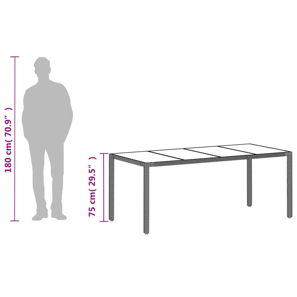 vidaXL Garden Table with Glass Top Light Grey 190x90x75 cm Poly Rattan