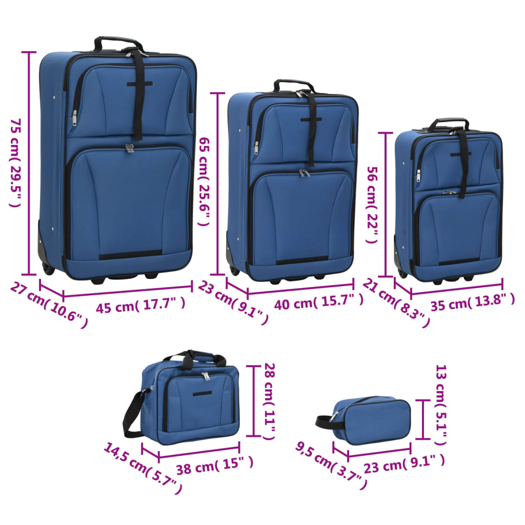 vidaXL 5 Piece Travel Luggage Set Bule Fabric - Blue