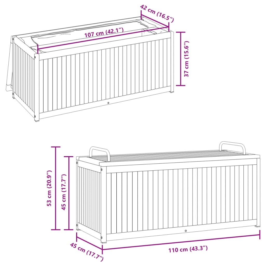 vidaXL Outdoor Cushion Box 110x45x42/53 cm Solid Wood Acacia and Steel - Brown