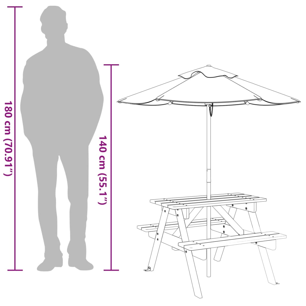 vidaXL Picnic Table for 4 Kids with Umbrella Solid Wood Fir - Brown