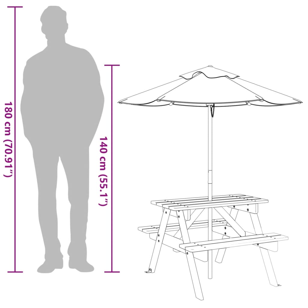 vidaXL Picnic Table for 4 Kids with Umbrella Solid Wood Fir - Brown - 24689