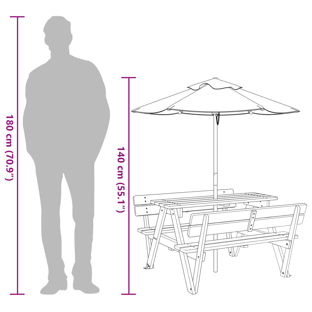vidaXL Picnic Table for 4 Kids with Umbrella Solid Wood Fir - Brown - 24710