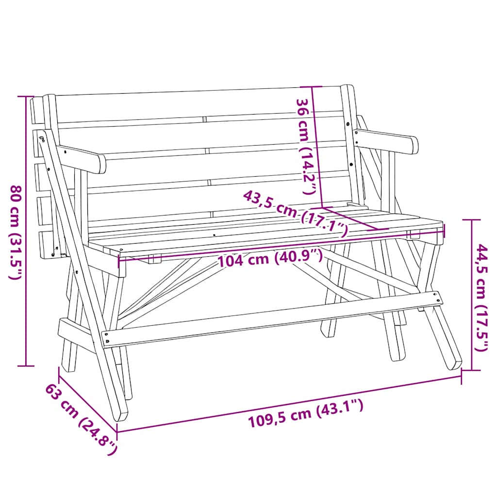 vidaXL Picnic Table with Benches Solid Wood Fir 2-in-1 Convertible - Brown