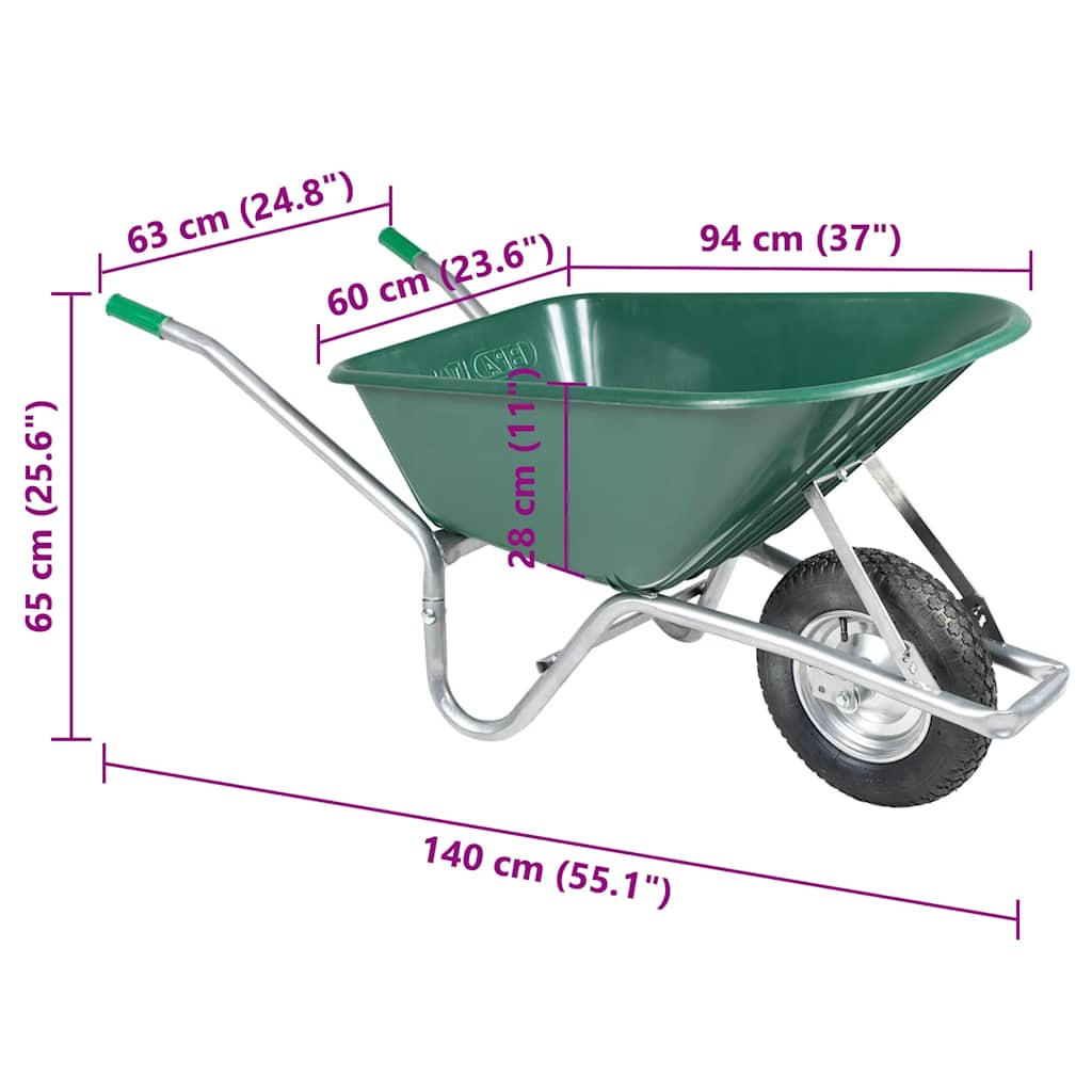 vidaXL Wheelbarrow Green 90 L 150 kg Galvanised Steel and Plastic - Brown