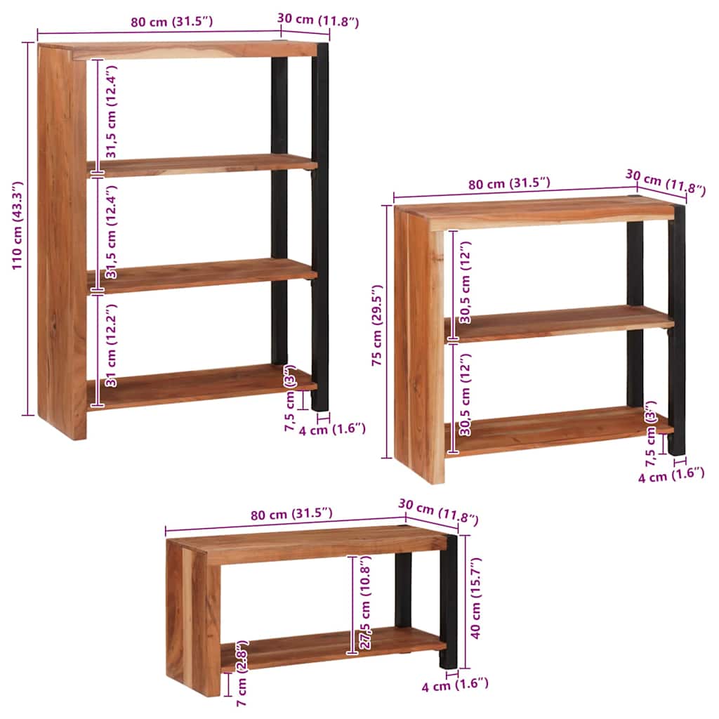vidaXL Bookshelf 6-Tier 3 pcs 80 x 30 x 110 cm Solid Acacia Wood Brown