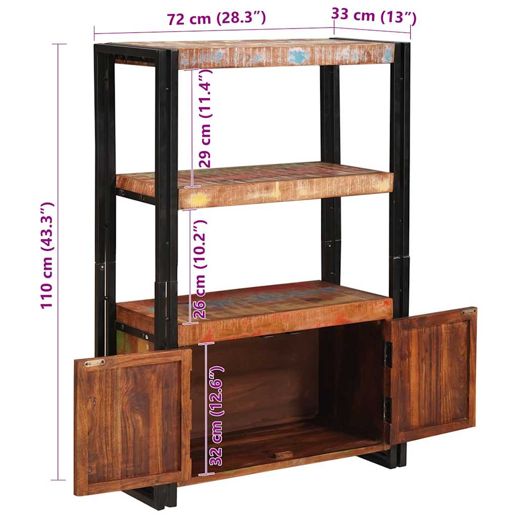 vidaXL Bookshelf with Doors Brown Solid Reclaimed Wood and Metal - 72 x 33 x 110 cm