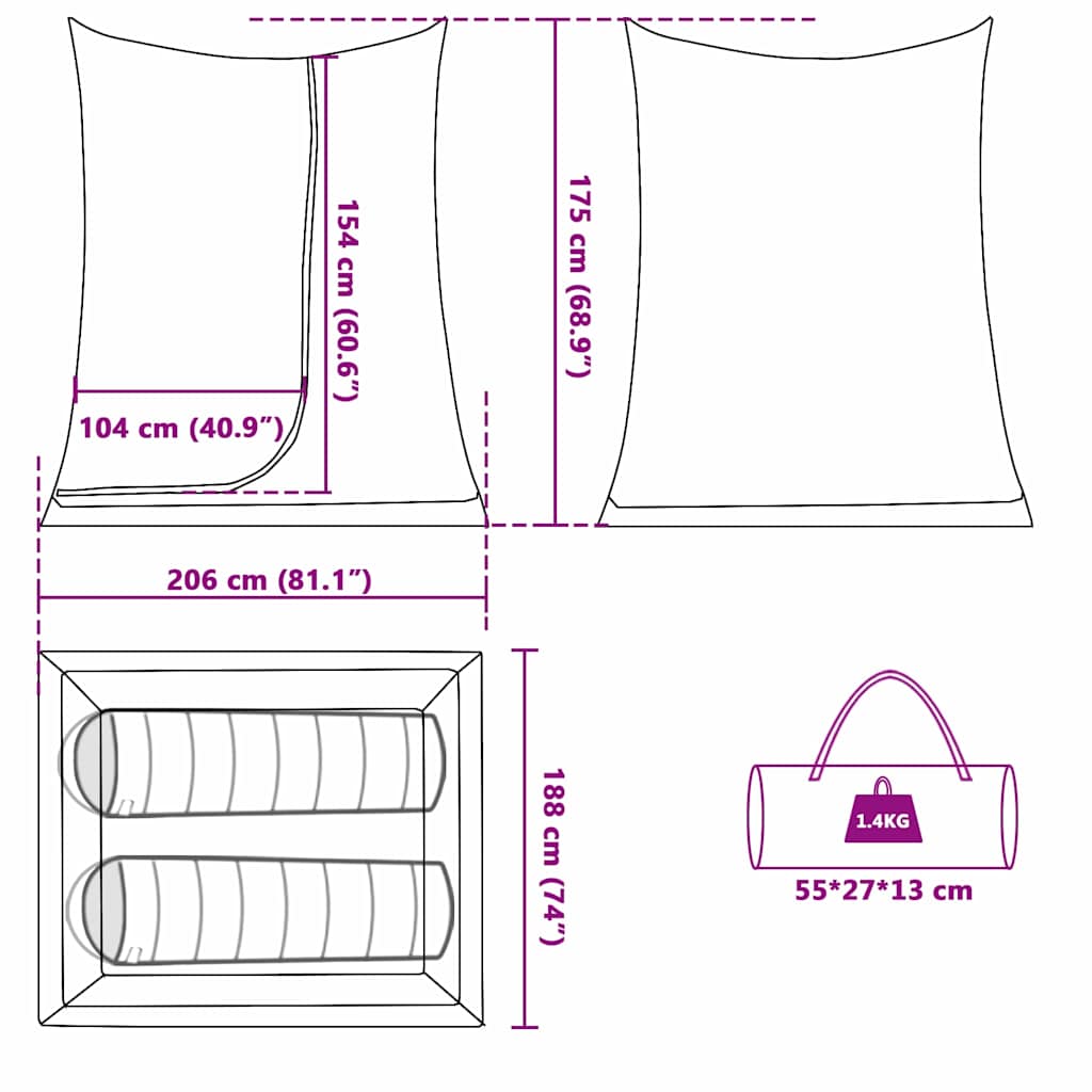 vidaXL Inner Tent 2-Person Black Mesh - 208 x 140 x 175 cm - 38670
