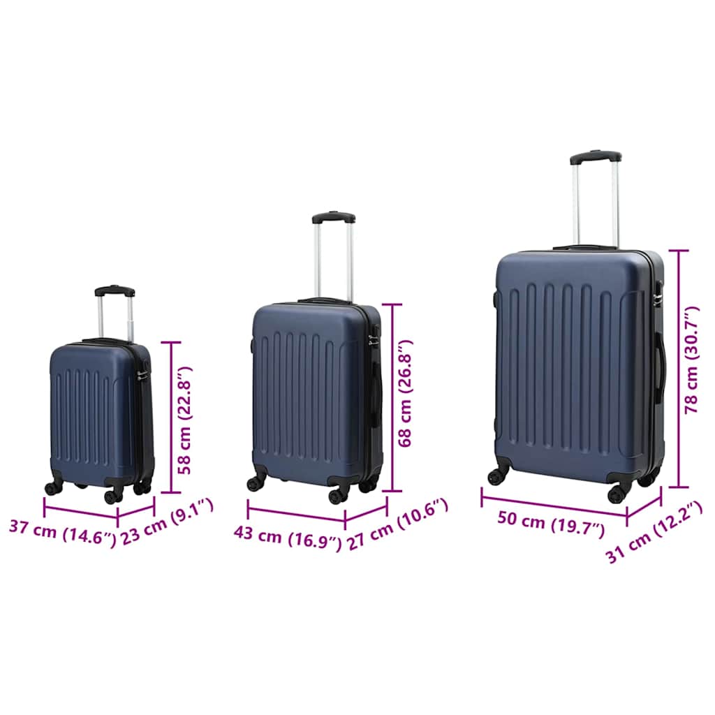 vidaXL Suitcase with Lock 3 pcs Dark Blue 50 x 31 x 78 cm ABS Plastic
