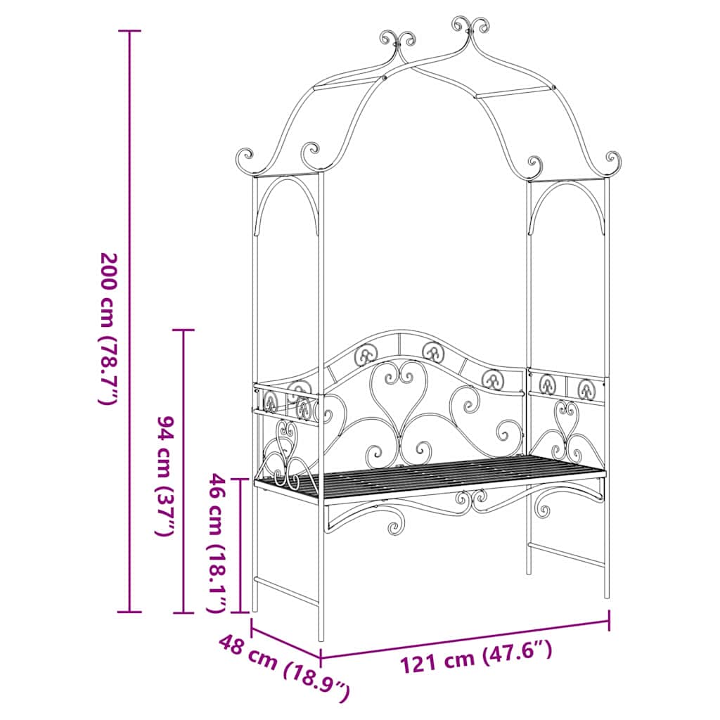 vidaXL Garden Bench Black 121 x 48 x 200 cm Steel