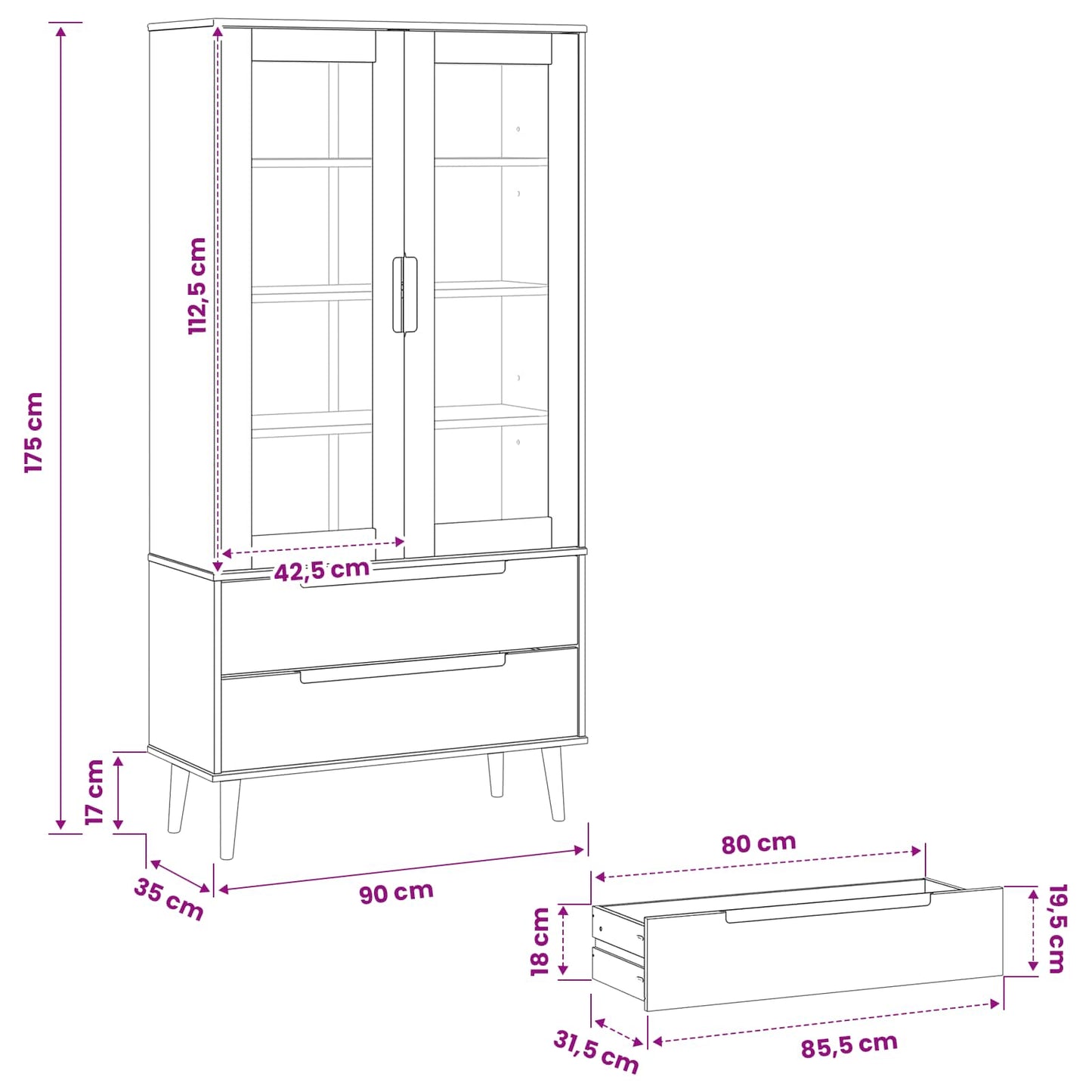 vidaXL Glass Display Cabinet MOLDE 90 x 35 x 175 cm Solid Pine Wood - Black