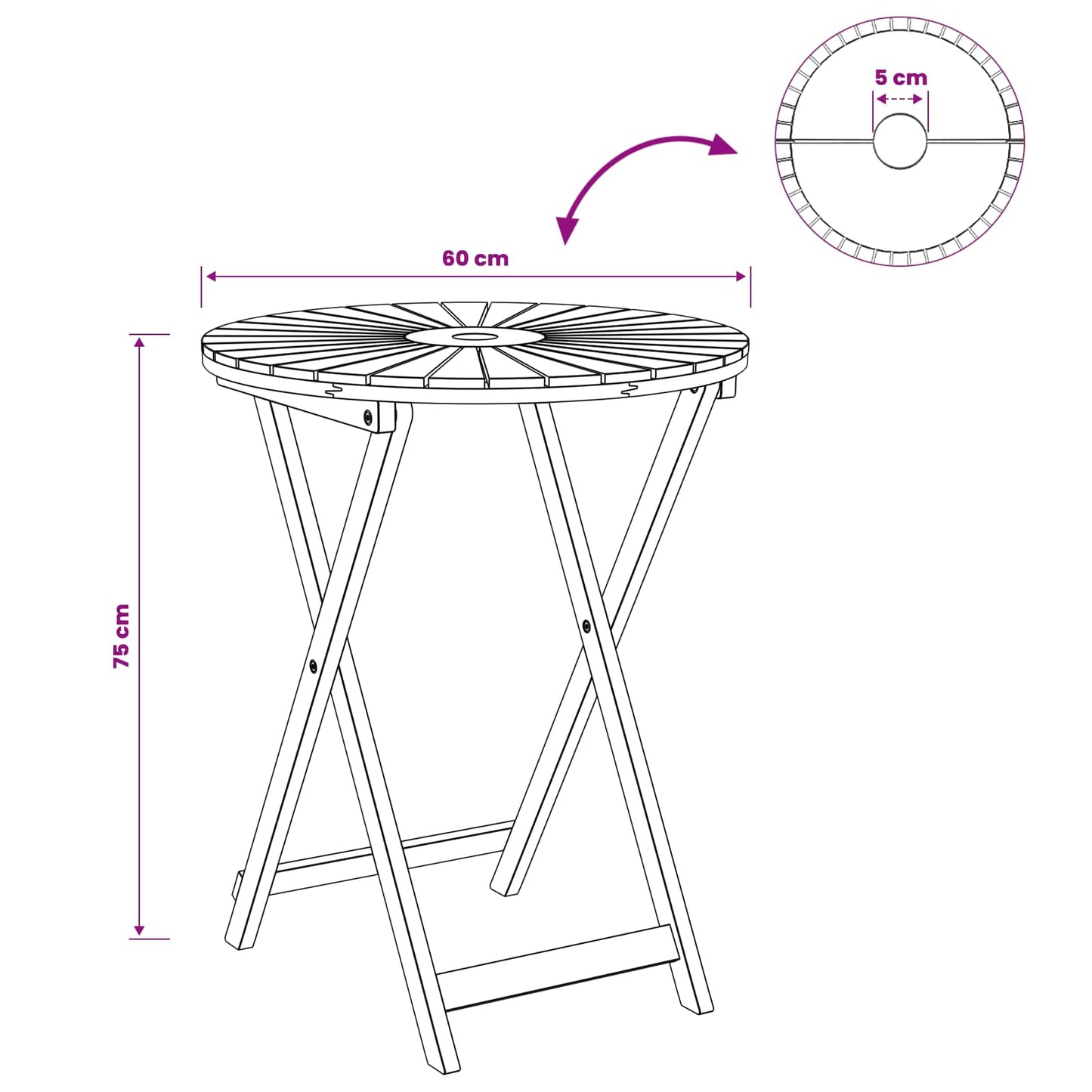 vidaXL Folding Garden Table Natural Ø60 x 75 cm Solid Acacia Wood - Brown