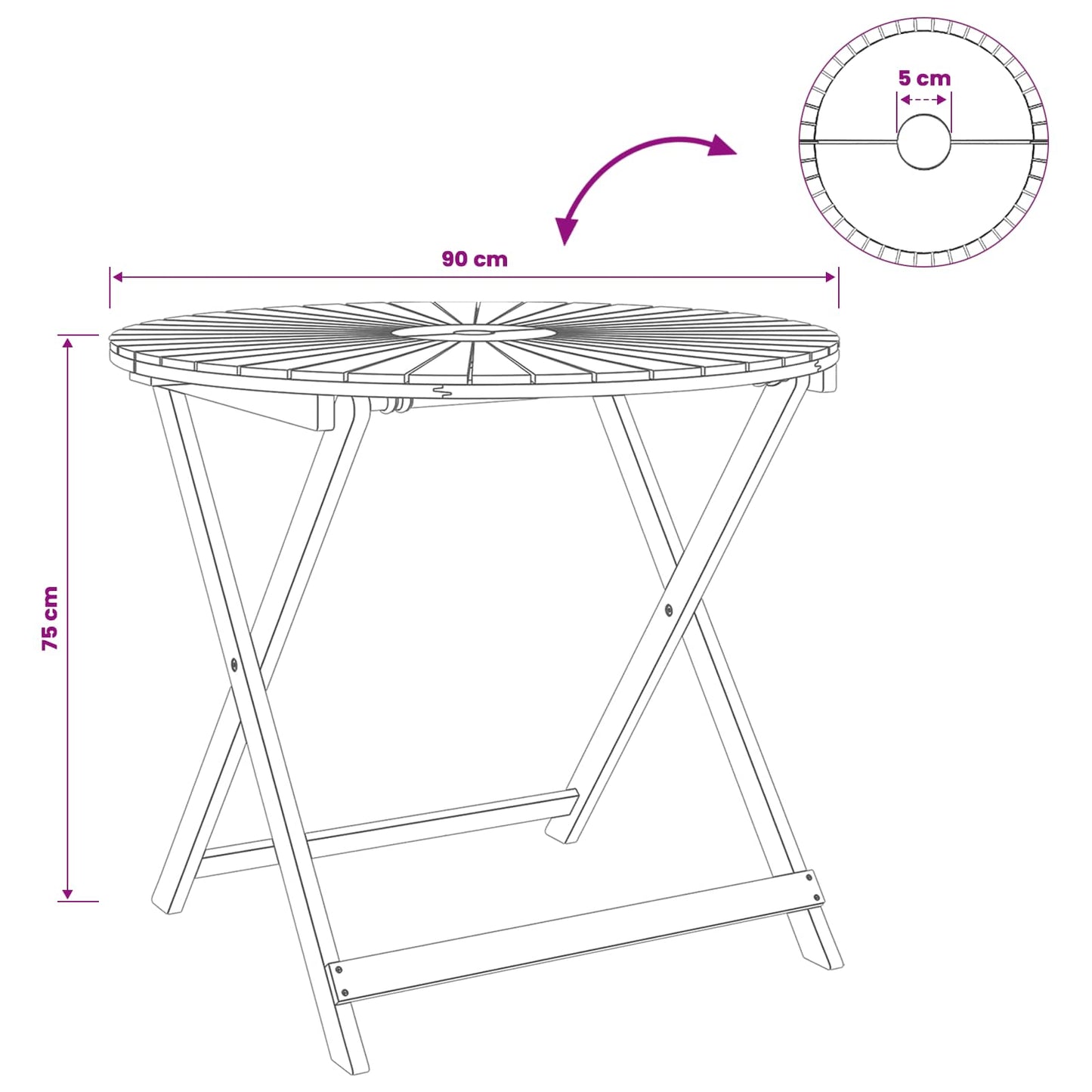 vidaXL Folding Garden Table Natural Ø90 x 75 cm Solid Acacia Wood - Brown