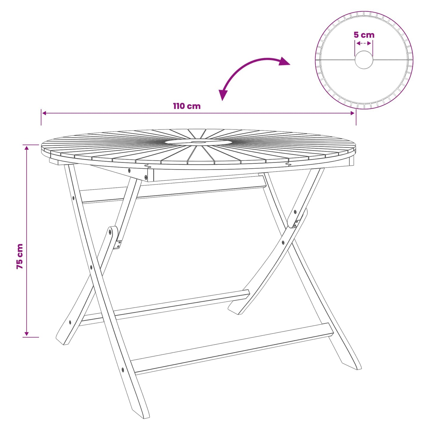 vidaXL Folding Garden Table Natural Ø110 x 75 cm Solid Acacia Wood - Brown