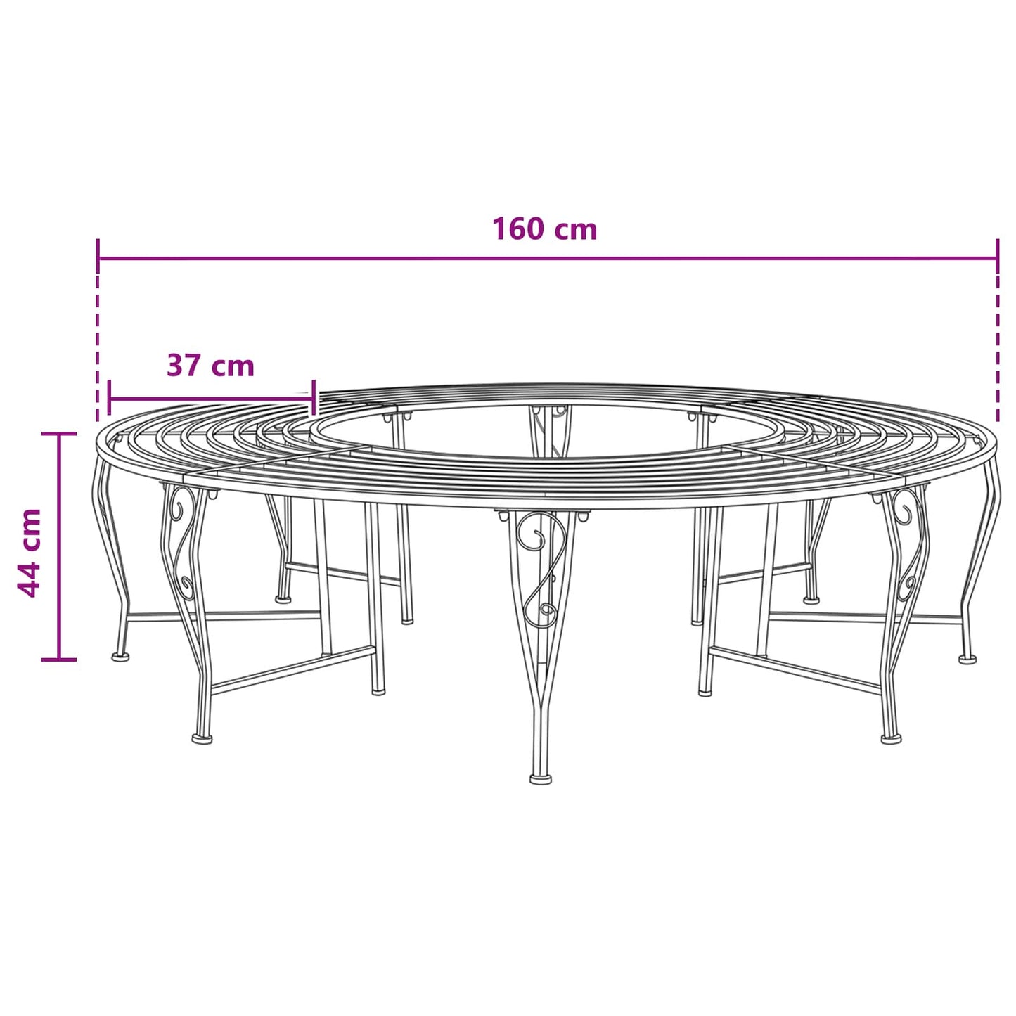 vidaXL Tree Bench 8-Seater Ø 160 x 44 cm Steel Black Round