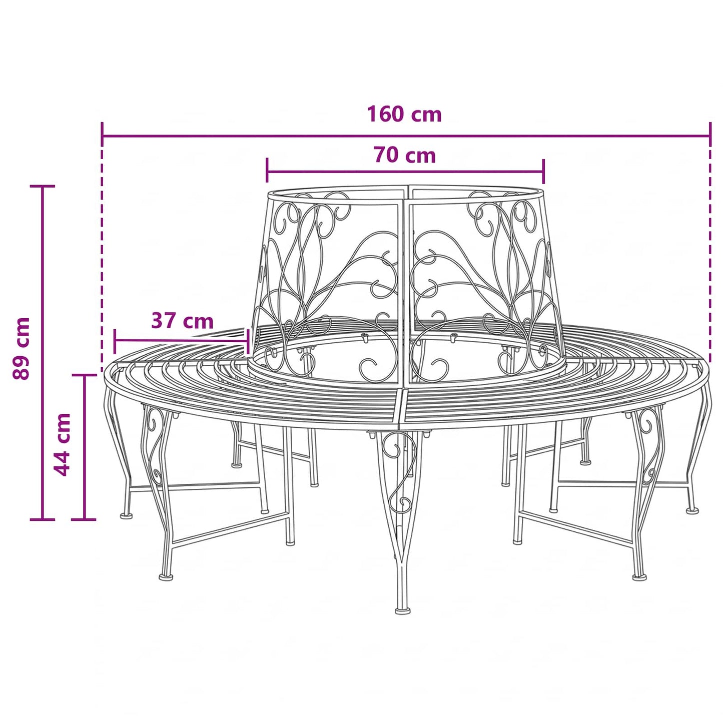 vidaXL Tree Bench 8-Seater Ø 160 x 89 cm Steel Silver Grey Round - 31070