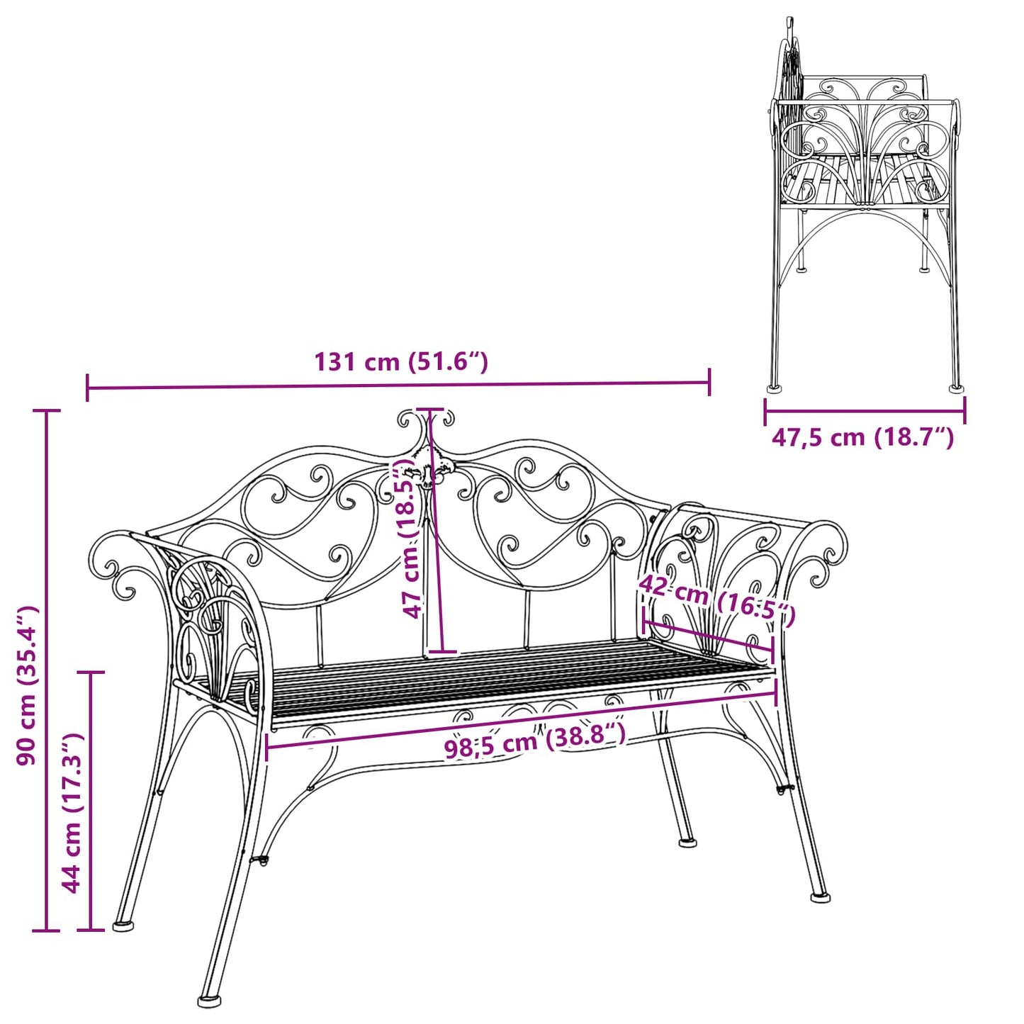 vidaXL Garden Bench 2-Seater 130 x 47 x 90 cm Steel Black
