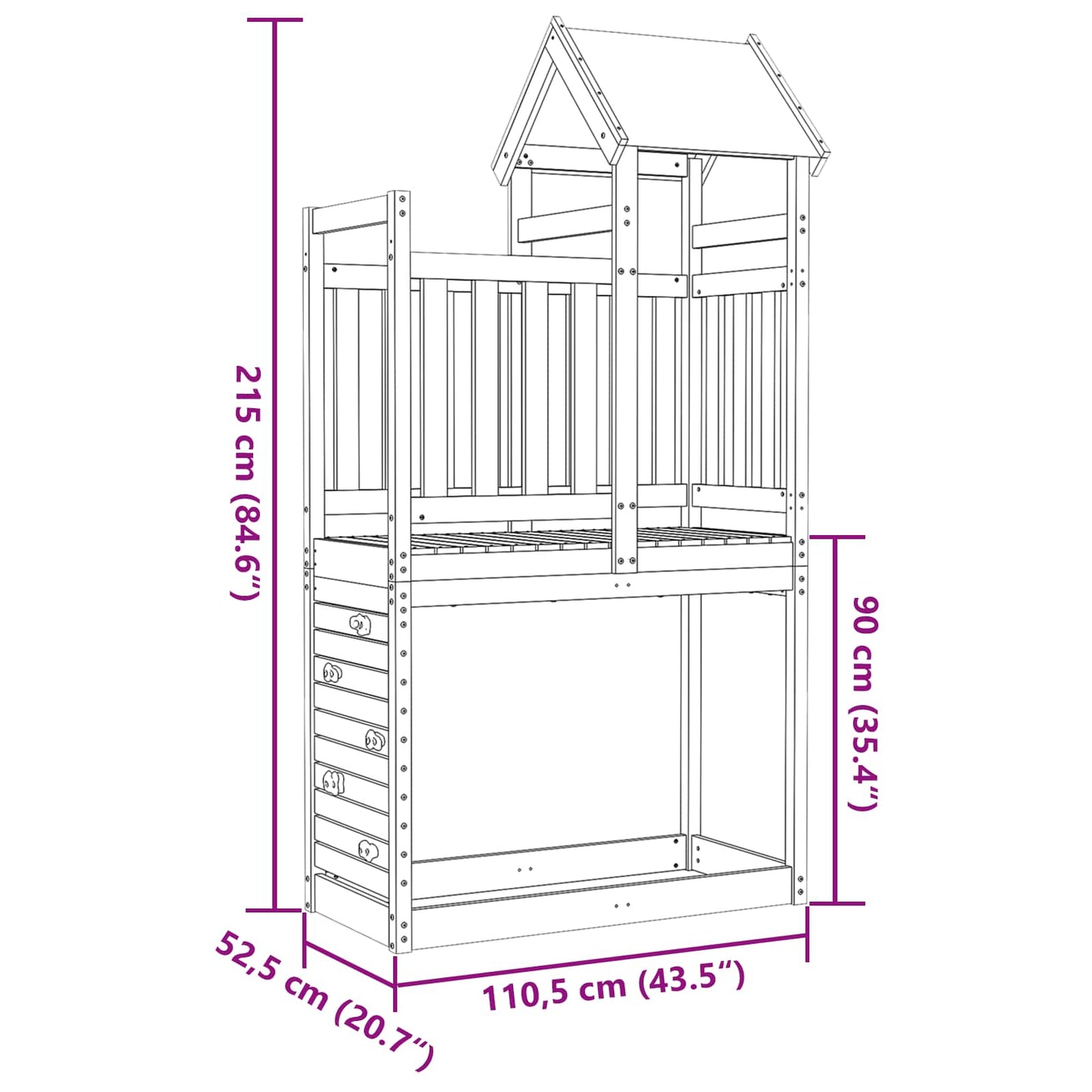 vidaXL Play Tower Brown 110.5 x 52.5 x 215 cm Solid Pine Wood
