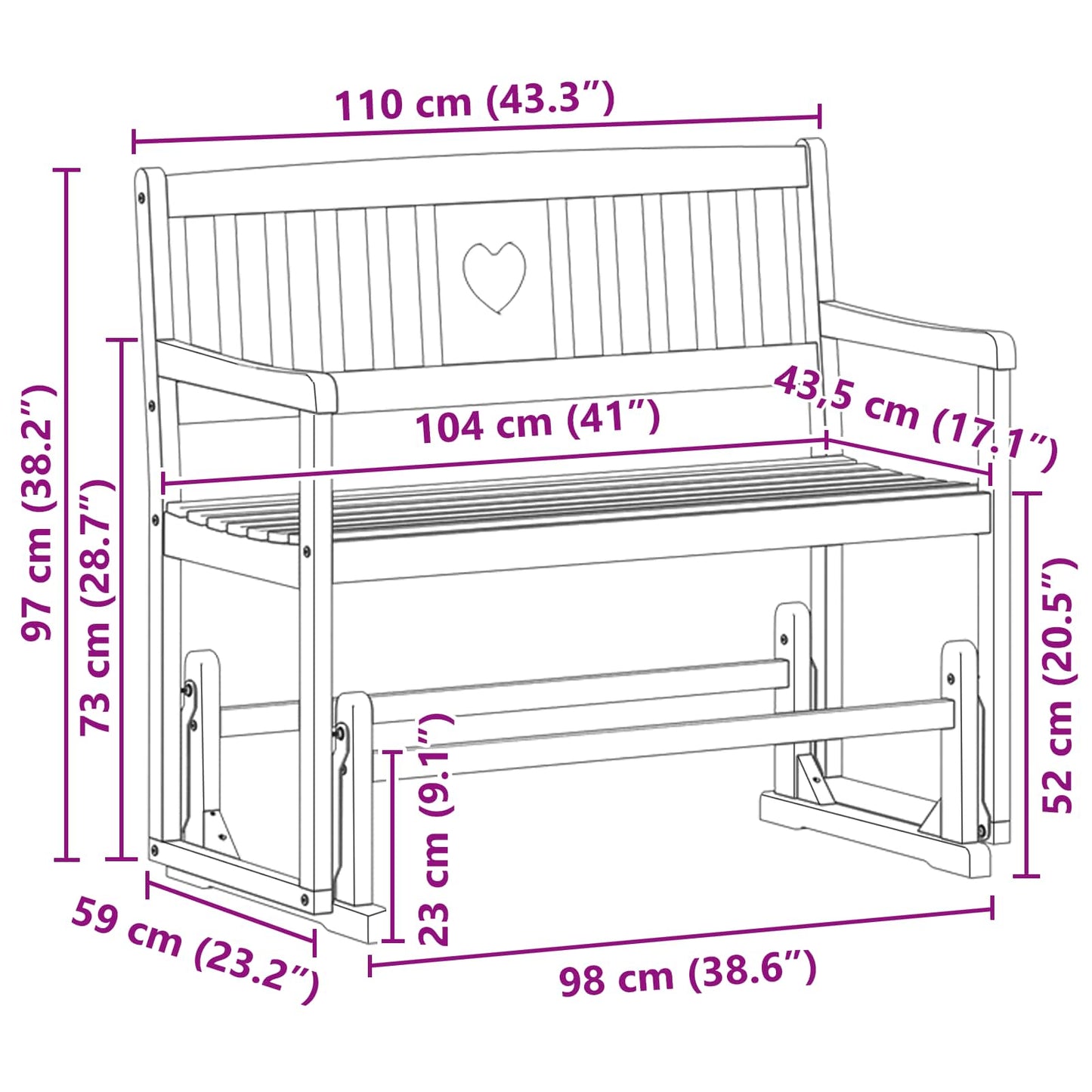 vidaXL Garden Glider Bench Natural 110 x 59 x 97 cm Solid Acacia Wood - Brown - 30917