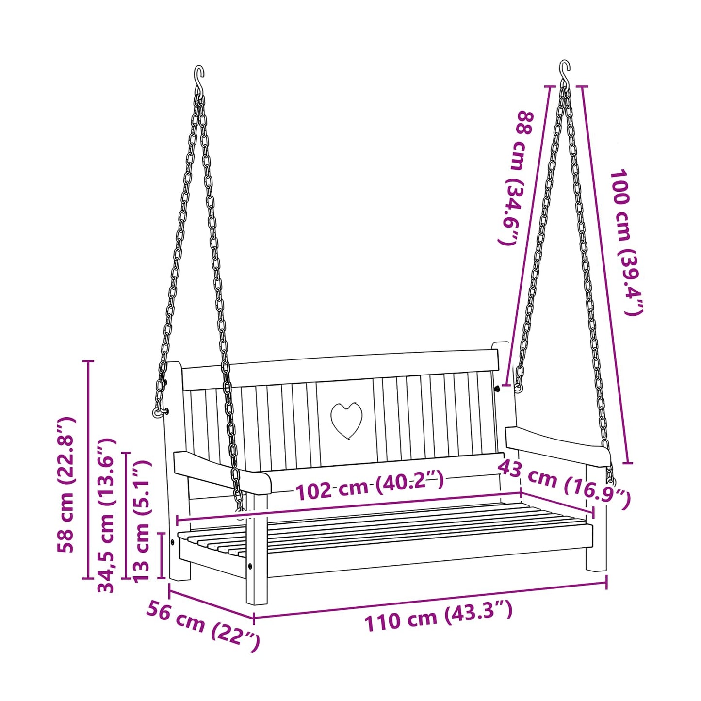 vidaXL Garden Swing Bench Natural 110 x 56 x 58 cm Solid Acacia Wood - Brown - 30946