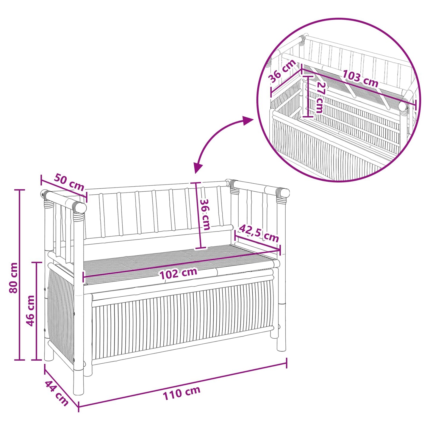 vidaXL Garden Storage Bench 110 x 47 x 80 cm Bamboo Natural - Brown