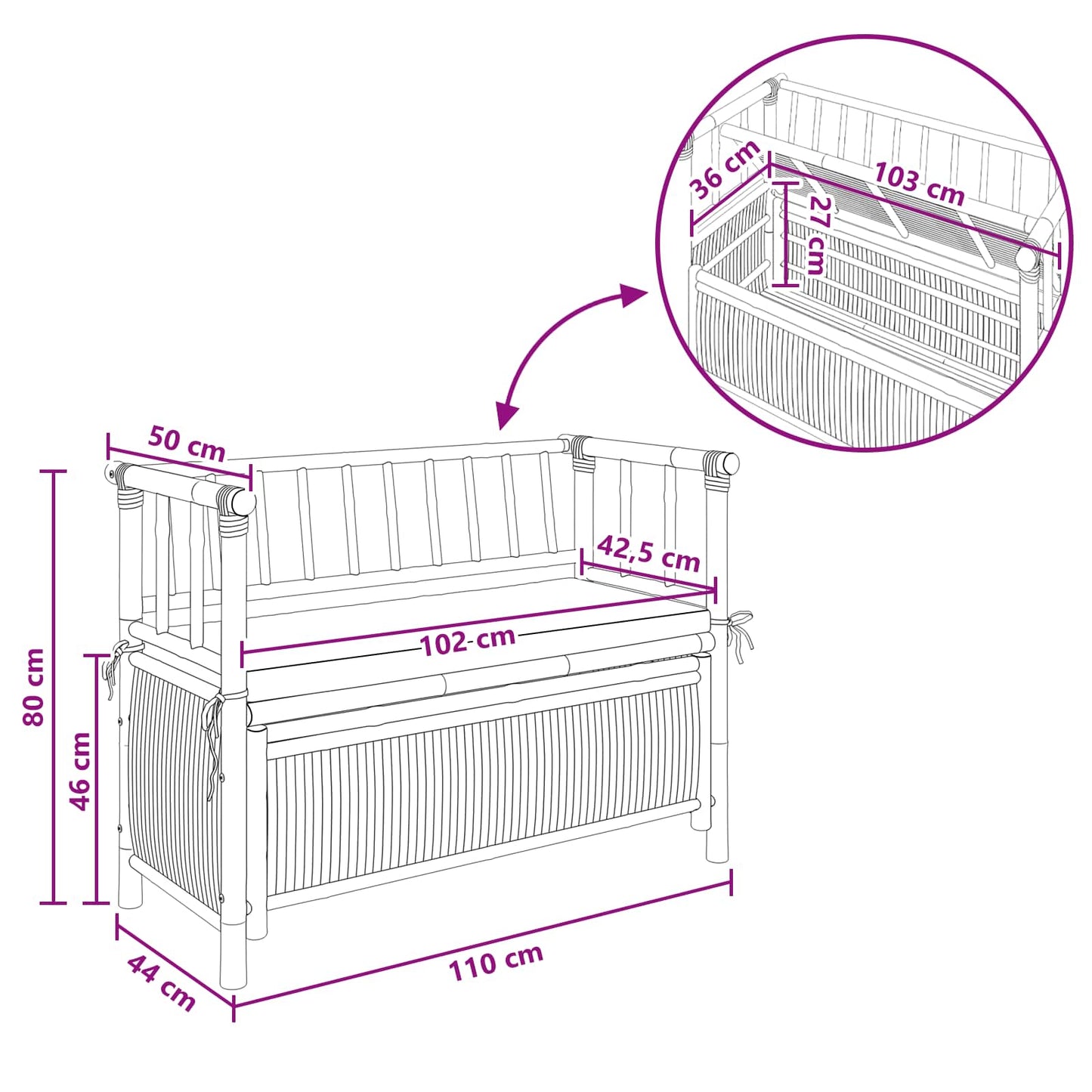 vidaXL Garden Storage Bench 110 x 47 x 80 cm Bamboo Natural - Brown - 30896